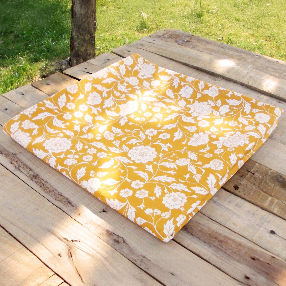 Yellow Kalamkari Cotton Tablecloth – White Floral Print | 3 Sizes | Vliving