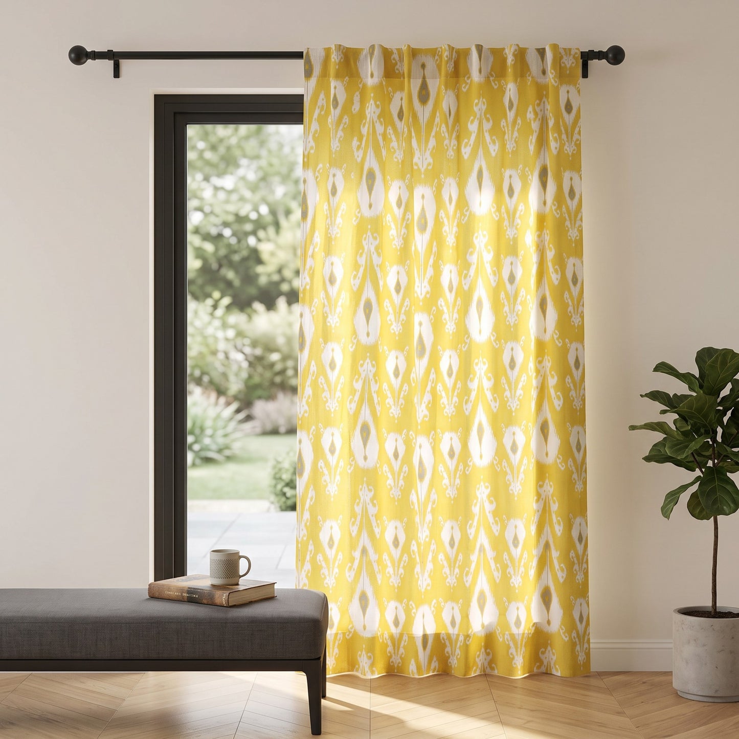 Yellow Ikat Sheer Curtain Panel | Printed Cotton Voile | Block Print Drape