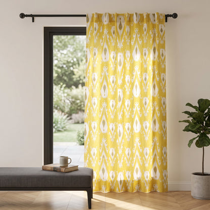 Yellow Ikat Sheer Curtain Panel | Printed Cotton Voile | Block Print Drape